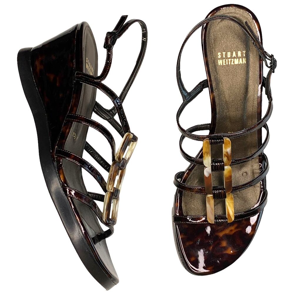 Stuart Weitzman Sandals Strappy Patent Tortoiseshell Brown 8.5 Narrow Italian